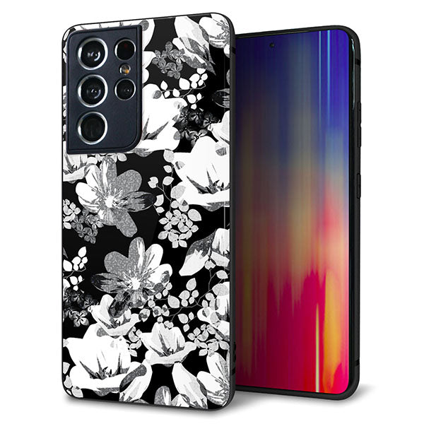 docomo ギャラクシーS21 ウルトラ 5G SC-52B 強化ガラス&TPUスマホケース ガラプリ【SC913 花柄モノトーン 02】