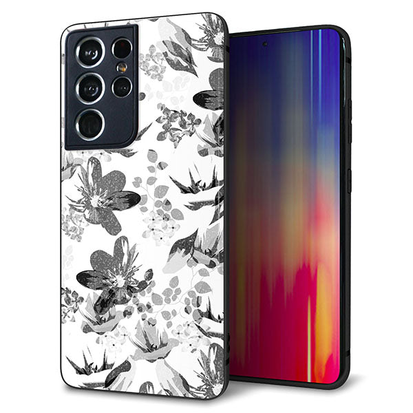 docomo ギャラクシーS21 ウルトラ 5G SC-52B 強化ガラス&TPUスマホケース ガラプリ【SC914 花柄モノトーン 03】