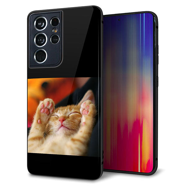 docomo ギャラクシーS21 ウルトラ 5G SC-52B 強化ガラス&TPUスマホケース ガラプリ【VA804 爆睡するネコ】