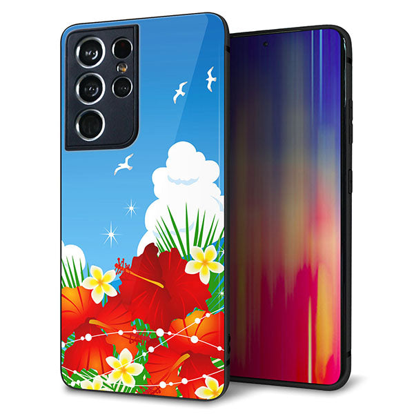 docomo ギャラクシーS21 ウルトラ 5G SC-52B 強化ガラス&TPUスマホケース ガラプリ【VA821 ハイビスカスと青空】