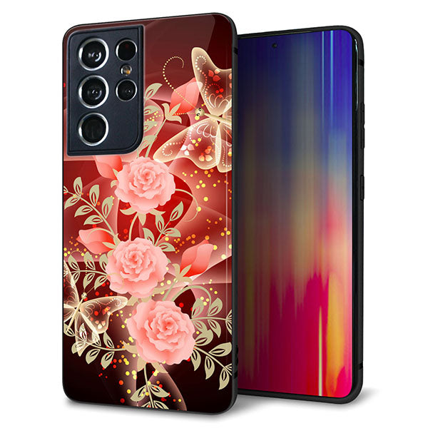 docomo ギャラクシーS21 ウルトラ 5G SC-52B 強化ガラス&TPUスマホケース ガラプリ【VA824 魅惑の蝶とピンクのバラ】