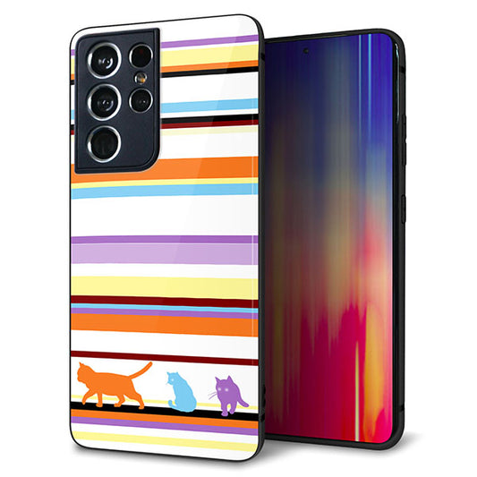 docomo ギャラクシーS21 ウルトラ 5G SC-52B 強化ガラス&TPUスマホケース ガラプリ【YA887 ストライプネコ01】