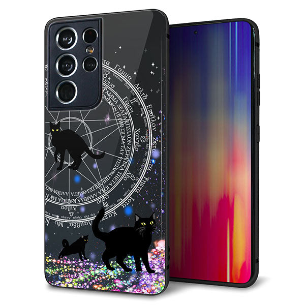docomo ギャラクシーS21 ウルトラ 5G SC-52B 強化ガラス&TPUスマホケース ガラプリ【YJ330 魔法陣猫 キラキラ 黒猫】