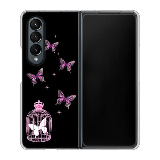 Galaxy Z Fold4 SC-55C docomo 高画質仕上げ 背面印刷 ハードケース【AG811 蝶の王冠鳥かご(黒×ピンク)】