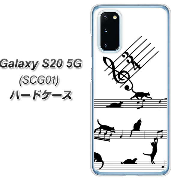 au ギャラクシー S20 5G SCG01 高画質仕上げ 背面印刷 ハードケース【1112 音符とじゃれるネコ2】
