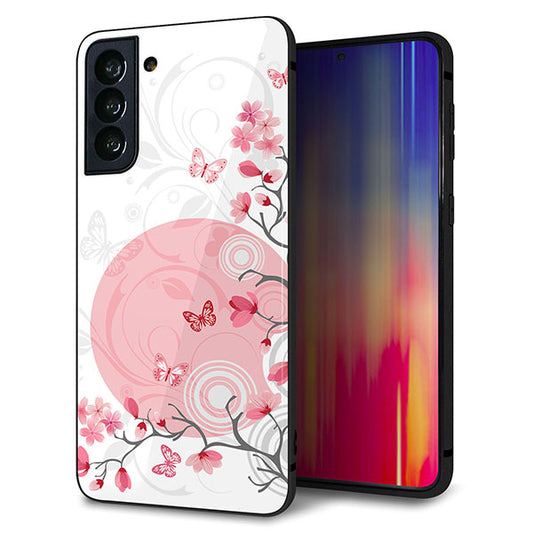 au ギャラクシーS21+ 5G SCG10 強化ガラス&TPUスマホケース ガラプリ【030 花と蝶(うす桃色)】
