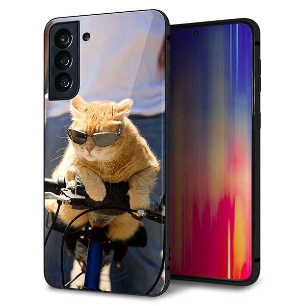 au ギャラクシーS21+ 5G SCG10 強化ガラス&TPUスマホケース ガラプリ【595 にゃんとサイクル】