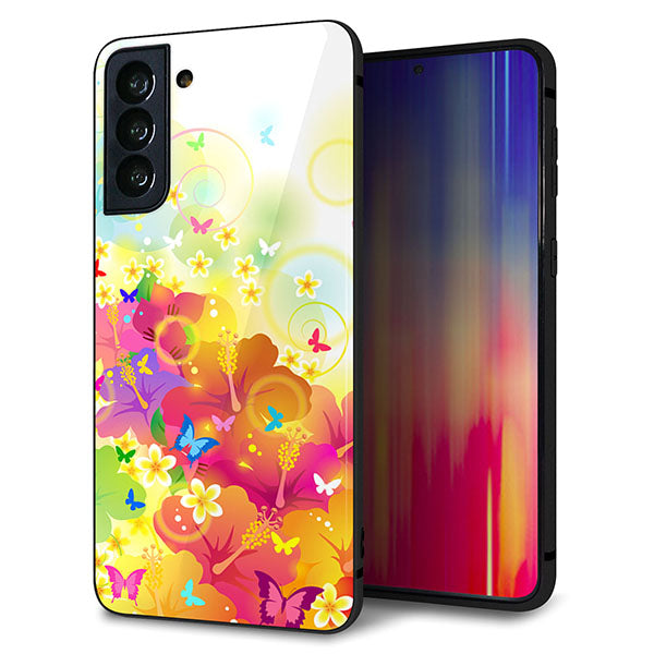 au ギャラクシーS21+ 5G SCG10 強化ガラス&TPUスマホケース ガラプリ【647 ハイビスカスと蝶】