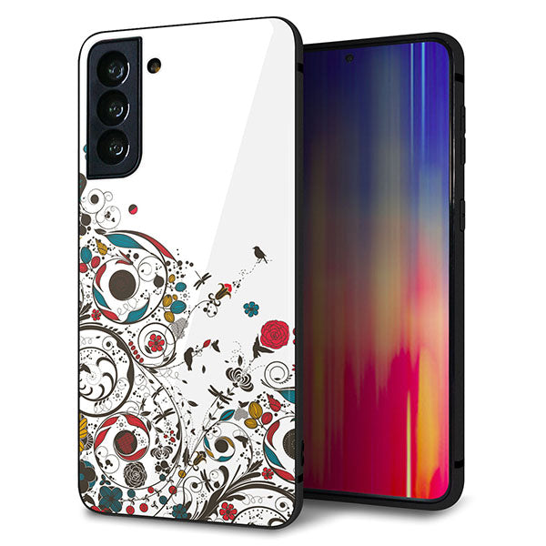 au ギャラクシーS21+ 5G SCG10 強化ガラス&TPUスマホケース ガラプリ【EK908 カラフルな花と鳥】