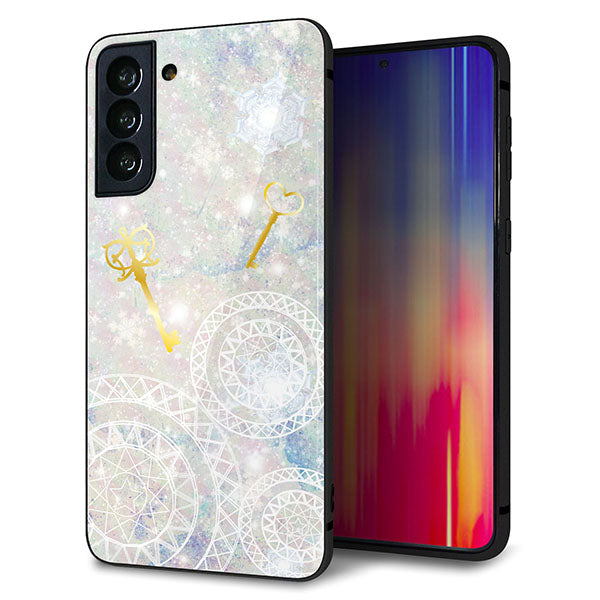 au ギャラクシーS21+ 5G SCG10 強化ガラス&TPUスマホケース ガラプリ【KM881 魔法陣と鍵】