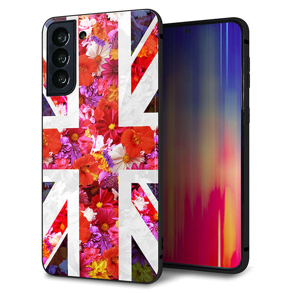 au ギャラクシーS21+ 5G SCG10 強化ガラス&TPUスマホケース ガラプリ【SC801 ユニオンジャック リアルフラワー】