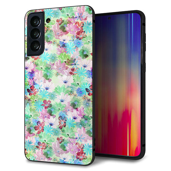 au ギャラクシーS21+ 5G SCG10 強化ガラス&TPUスマホケース ガラプリ【SC872 リバティプリント プレスドフラワー(グリーン)】
