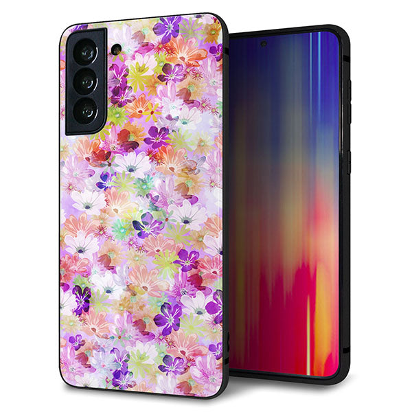 au ギャラクシーS21+ 5G SCG10 強化ガラス&TPUスマホケース ガラプリ【SC873 リバティプリント プレスドフラワー(パープル)】