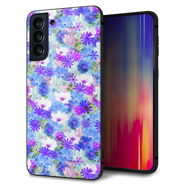 au ギャラクシーS21+ 5G SCG10 強化ガラス&TPUスマホケース ガラプリ【SC875 リバティプリント プレスドフラワー(ブルー)】