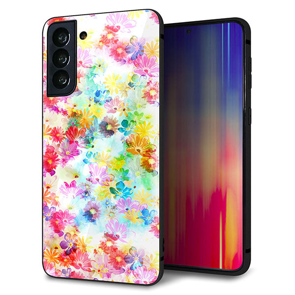 au ギャラクシーS21+ 5G SCG10 強化ガラス&TPUスマホケース ガラプリ【SC876 リバティプリント プレスドフラワー(ホワイト)】