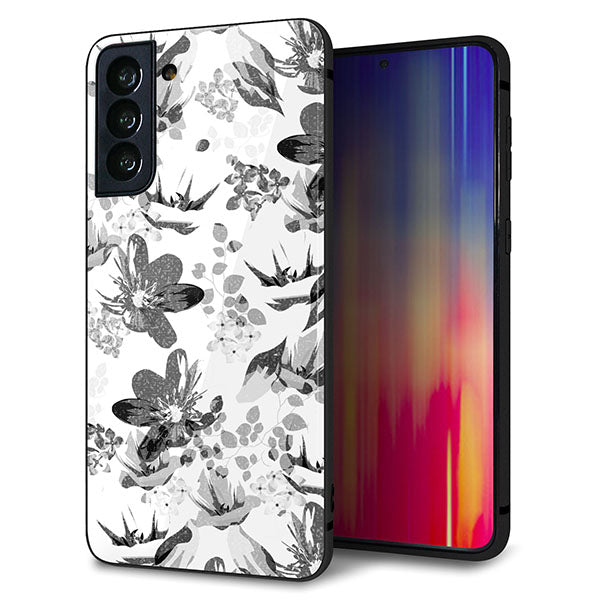 au ギャラクシーS21+ 5G SCG10 強化ガラス&TPUスマホケース ガラプリ【SC914 花柄モノトーン 03】