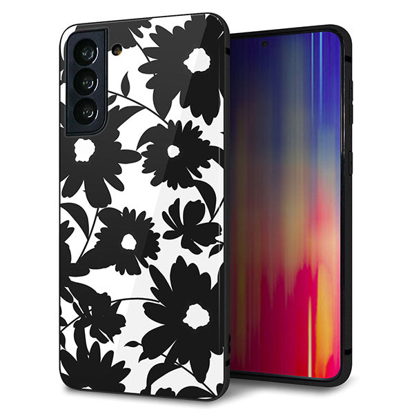 au ギャラクシーS21+ 5G SCG10 強化ガラス&TPUスマホケース ガラプリ【SC916 花柄モノトーン 05】