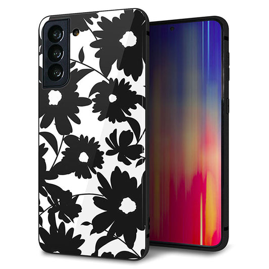 au ギャラクシーS21+ 5G SCG10 強化ガラス&TPUスマホケース ガラプリ【SC916 花柄モノトーン 05】