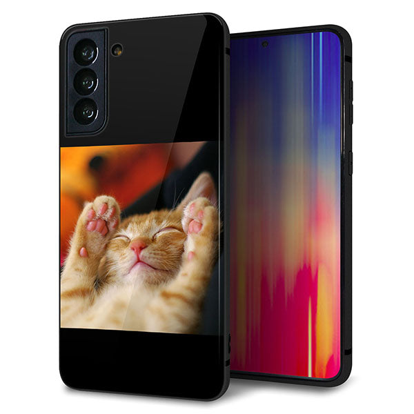 au ギャラクシーS21+ 5G SCG10 強化ガラス&TPUスマホケース ガラプリ【VA804 爆睡するネコ】