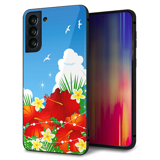 au ギャラクシーS21+ 5G SCG10 強化ガラス&TPUスマホケース ガラプリ【VA821 ハイビスカスと青空】