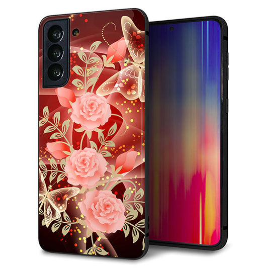 au ギャラクシーS21+ 5G SCG10 強化ガラス&TPUスマホケース ガラプリ【VA824 魅惑の蝶とピンクのバラ】