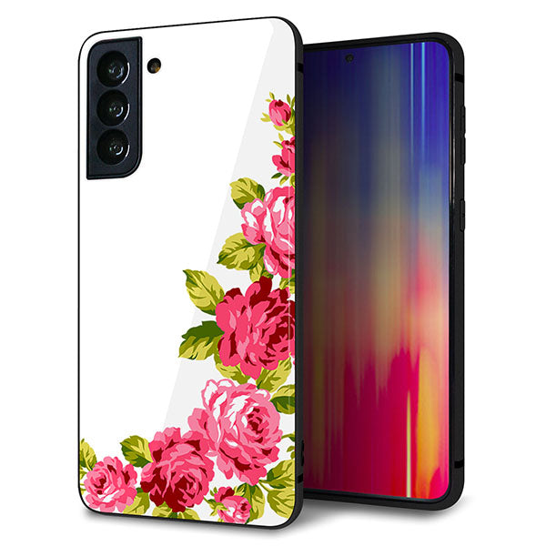 au ギャラクシーS21+ 5G SCG10 強化ガラス&TPUスマホケース ガラプリ【VA825 バラのフレーム(白)】