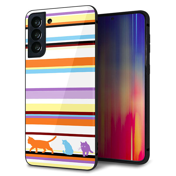 au ギャラクシーS21+ 5G SCG10 強化ガラス&TPUスマホケース ガラプリ【YA887 ストライプネコ01】