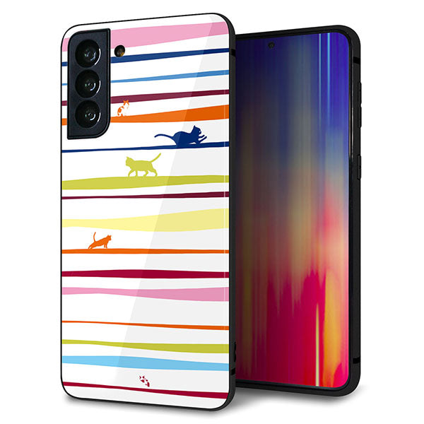 au ギャラクシーS21+ 5G SCG10 強化ガラス&TPUスマホケース ガラプリ【YA893 ストライプネコ02 L】