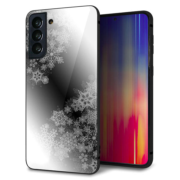 au ギャラクシーS21+ 5G SCG10 強化ガラス&TPUスマホケース ガラプリ【YJ340 モノトーン 雪の結晶 】