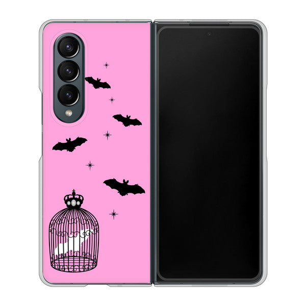 Galaxy Z Fold4 SCG16 au 高画質仕上げ 背面印刷 ハードケース【AG808 こうもりの王冠鳥かご(ピンク×黒)】