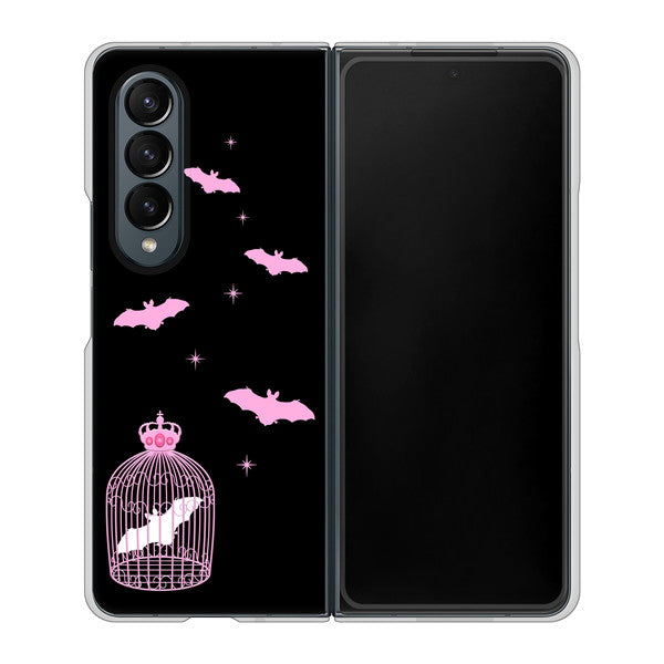 Galaxy Z Fold4 SCG16 au 高画質仕上げ 背面印刷 ハードケース【AG809 こうもりの王冠鳥かご(黒×ピンク)】