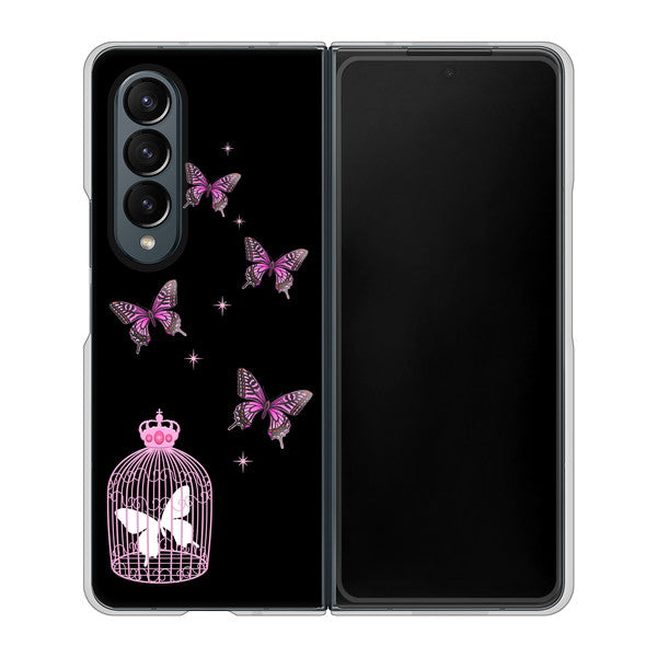 Galaxy Z Fold4 SCG16 au 高画質仕上げ 背面印刷 ハードケース【AG811 蝶の王冠鳥かご(黒×ピンク)】