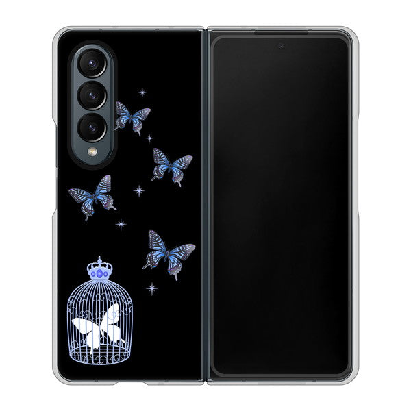 Galaxy Z Fold4 SCG16 au 高画質仕上げ 背面印刷 ハードケース【AG812 蝶の王冠鳥かご(黒×青)】