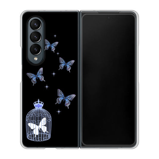 Galaxy Z Fold4 SCG16 au 高画質仕上げ 背面印刷 ハードケース【AG812 蝶の王冠鳥かご(黒×青)】