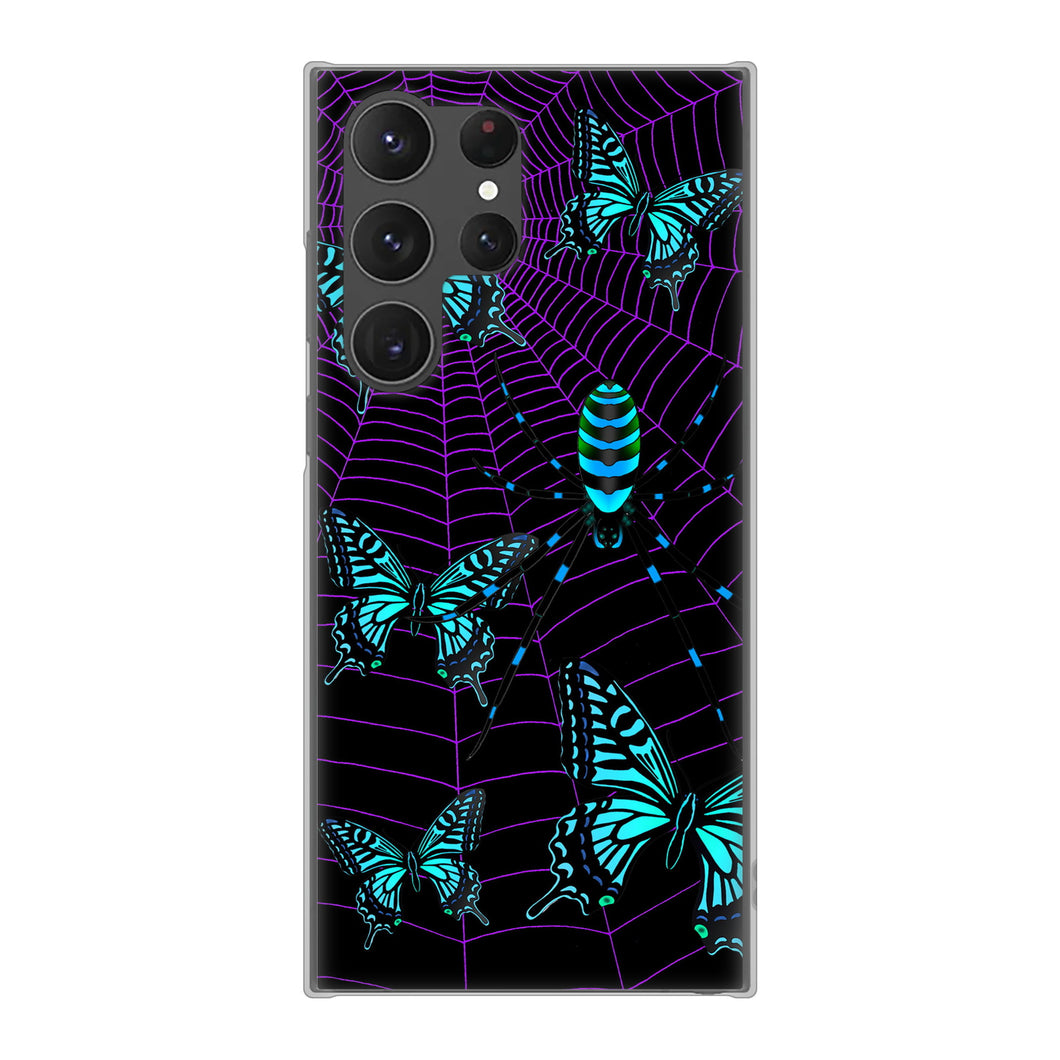 Galaxy S23 Ultra SCG20 au 高画質仕上げ 背面印刷 ハードケース むかいあぐる 蜘蛛の巣に舞う蝶