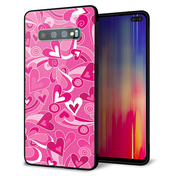 au ギャラクシー S10+ SCV42 強化ガラス&TPUスマホケース ガラプリ【383 ピンクのハート】