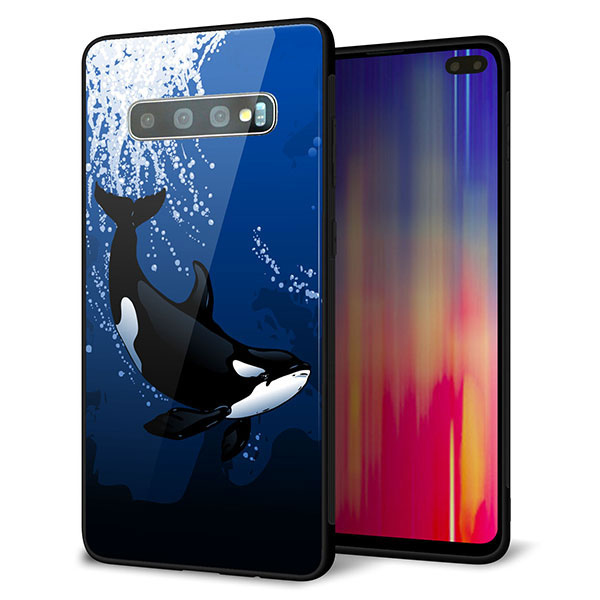 au ギャラクシー S10+ SCV42 強化ガラス&TPUスマホケース ガラプリ【423 シャチ】