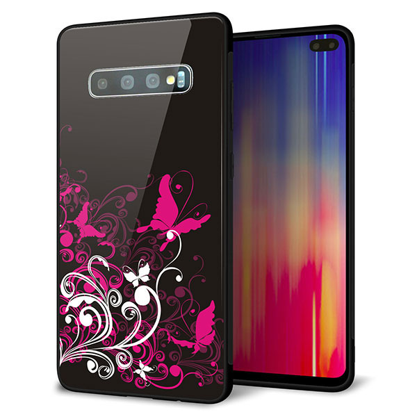 au ギャラクシー S10+ SCV42 強化ガラス&TPUスマホケース ガラプリ【585 闇に舞う蝶】