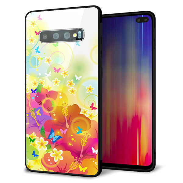 au ギャラクシー S10+ SCV42 強化ガラス&TPUスマホケース ガラプリ【647 ハイビスカスと蝶】
