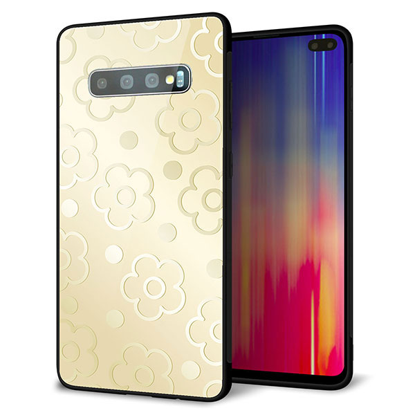 au ギャラクシー S10+ SCV42 強化ガラス&TPUスマホケース ガラプリ【SC842 エンボス風デイジーシンプル(ベージュ)】