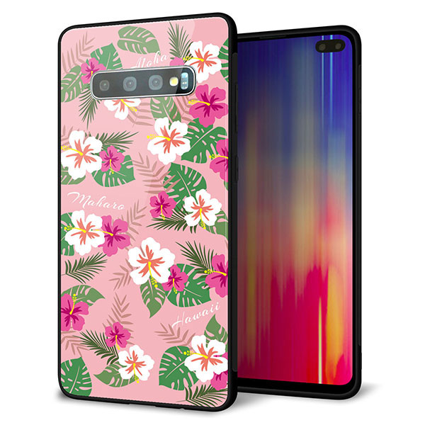 au ギャラクシー S10+ SCV42 強化ガラス&TPUスマホケース ガラプリ【SC882 ハワイアンアロハレトロ(ピンク)】