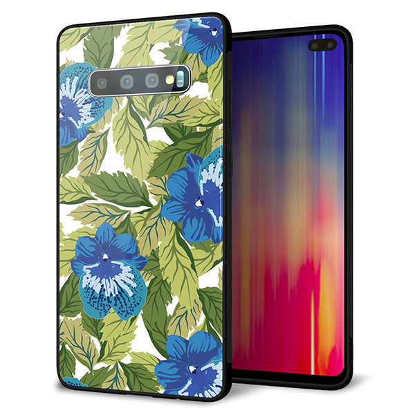 au ギャラクシー S10+ SCV42 強化ガラス&TPUスマホケース ガラプリ【SC896 ボタニカル ブルー&リーフ】