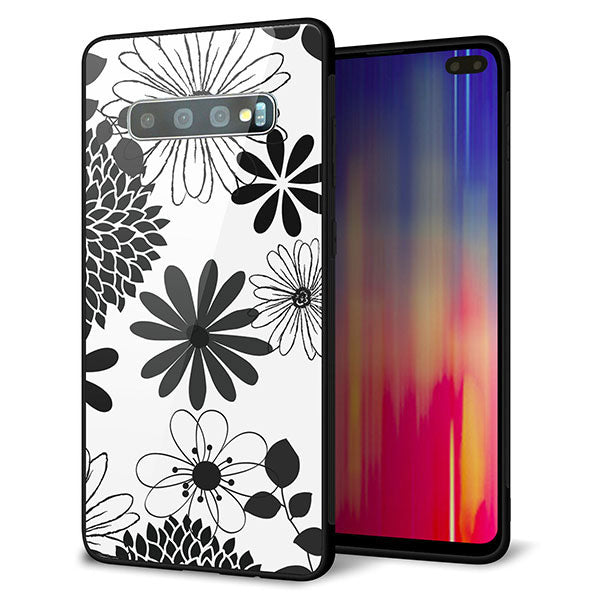 au ギャラクシー S10+ SCV42 強化ガラス&TPUスマホケース ガラプリ【SC912 花柄モノトーン 01】