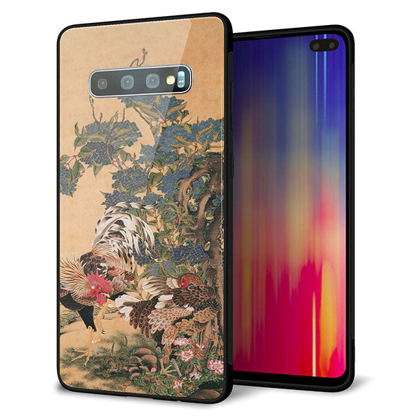 au ギャラクシー S10+ SCV42 強化ガラス&TPUスマホケース ガラプリ【TA006 紫陽花双鶏】