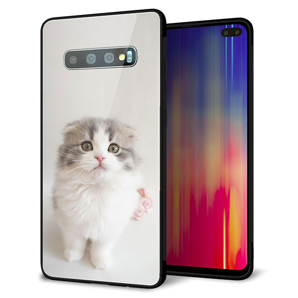 au ギャラクシー S10+ SCV42 強化ガラス&TPUスマホケース ガラプリ【VA803 まっていますネコ】