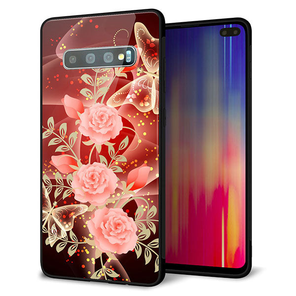 au ギャラクシー S10+ SCV42 強化ガラス&TPUスマホケース ガラプリ【VA824 魅惑の蝶とピンクのバラ】