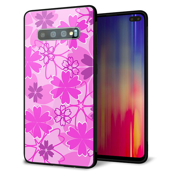 au ギャラクシー S10+ SCV42 強化ガラス&TPUスマホケース ガラプリ【VA961 重なり合う花 ピンク】