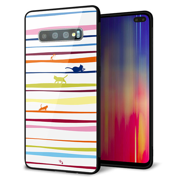 au ギャラクシー S10+ SCV42 強化ガラス&TPUスマホケース ガラプリ【YA893 ストライプネコ02 L】