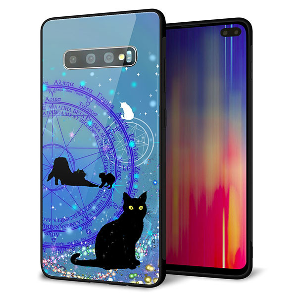 au ギャラクシー S10+ SCV42 強化ガラス&TPUスマホケース ガラプリ【YJ327 魔法陣猫 キラキラ かわいい】