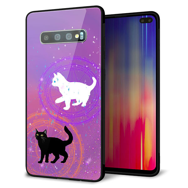 au ギャラクシー S10+ SCV42 強化ガラス&TPUスマホケース ガラプリ【YJ328 魔法陣猫 キラキラ かわいい ピンク】